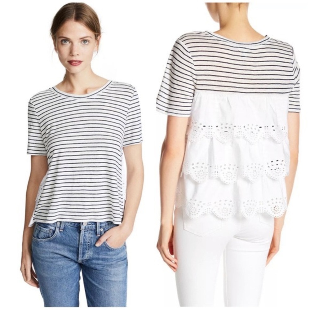 Joie White/Black Stripe Linen Eyelet Lace Back Top